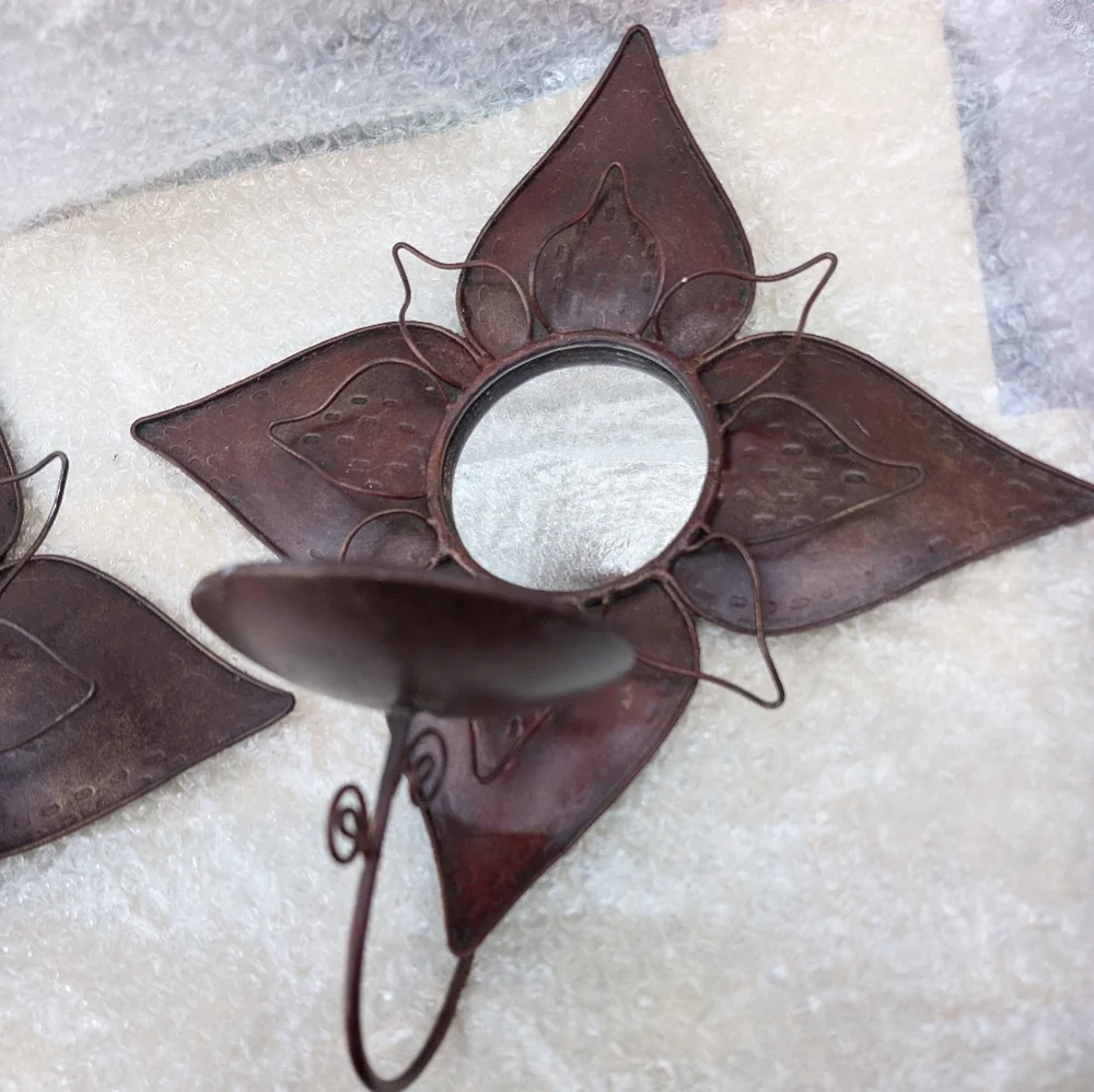 Brown Wrought Iron Flowers Wall Sconce With Mirrors Set Of 2 Nice Condition